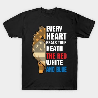 Pomeranian Every Heart Beats True Neath The Red White And Blue Happy Independence July 4th Day Dogs T-Shirt